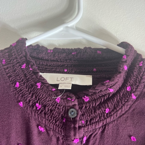 Loft Women’s Prairie Ruffle Yoke Long Sleeve Button Down Top Plum SzM - Picture 13 of 15